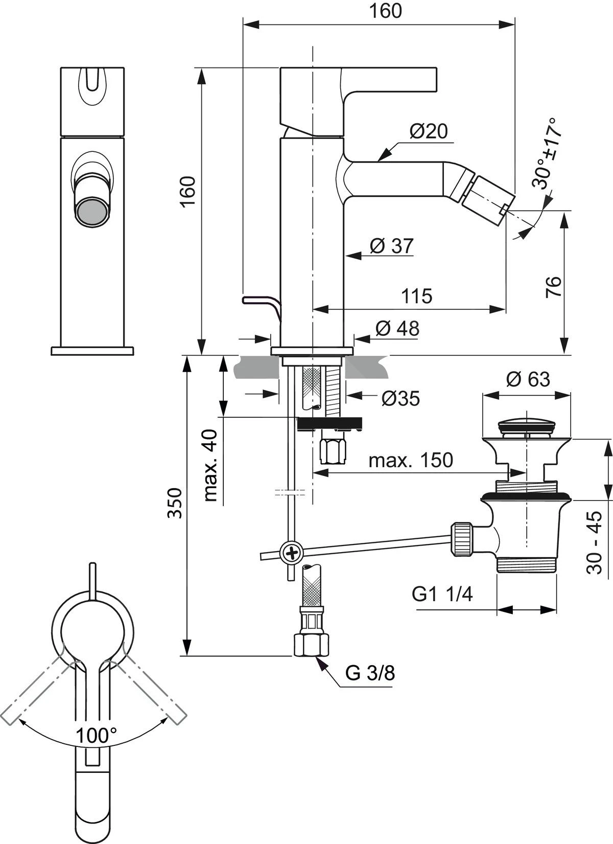 Ideal Standard Joy - Bidetkraan Met Waste, Magnetic Grey BC784A5 2 Ideal Standard Joy - Bidetkraan Met Waste, Magnetic Grey BC784A5 - Afbeelding 2