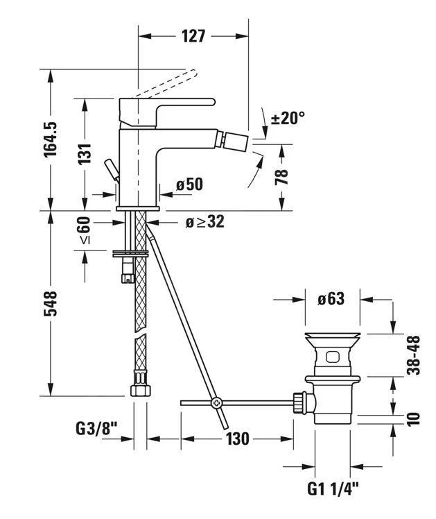 Duravit B.2 - Eengreeps Bidetmengkraan Met Afvoergarnituur, Chroom B22400001010 2 Duravit B.2 - Eengreeps Bidetmengkraan Met Afvoergarnituur, Chroom B22400001010 - Afbeelding 2